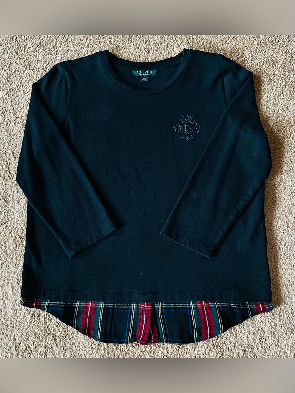 🖤 Ralph Lauren Black 3/4 Sleeve Top with Plaid Hem ❤️
